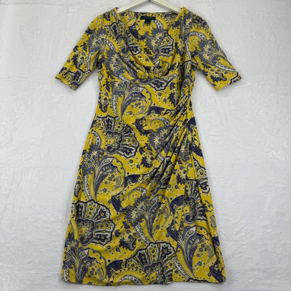 Lauren Ralph Lauren Yellow‎ Navy Paisley Print Ruched Sheath Dress Women Size 8